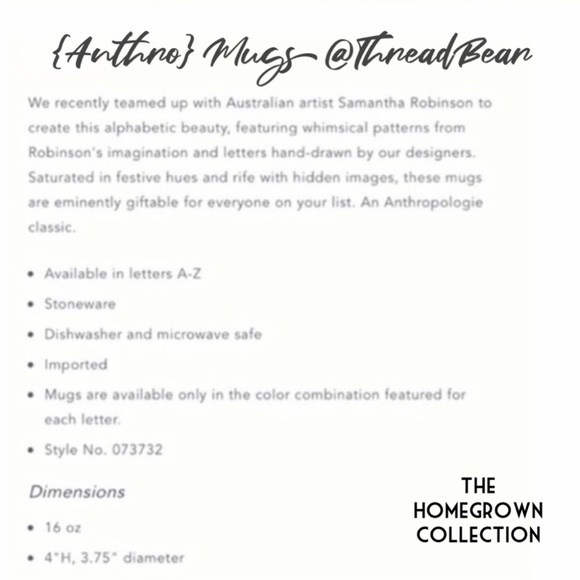 D d {Anthro} Homegrown Monogram Mug {Anthropologie} Initial Coffee + Tea Cup - Picture 6 of 16